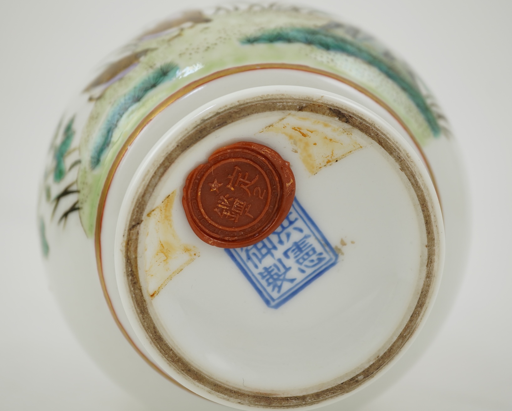 A Chinese inscribed famille rose ‘quail and chrysanthemum’ bottle vase, Hongxian four character mark but Republic period